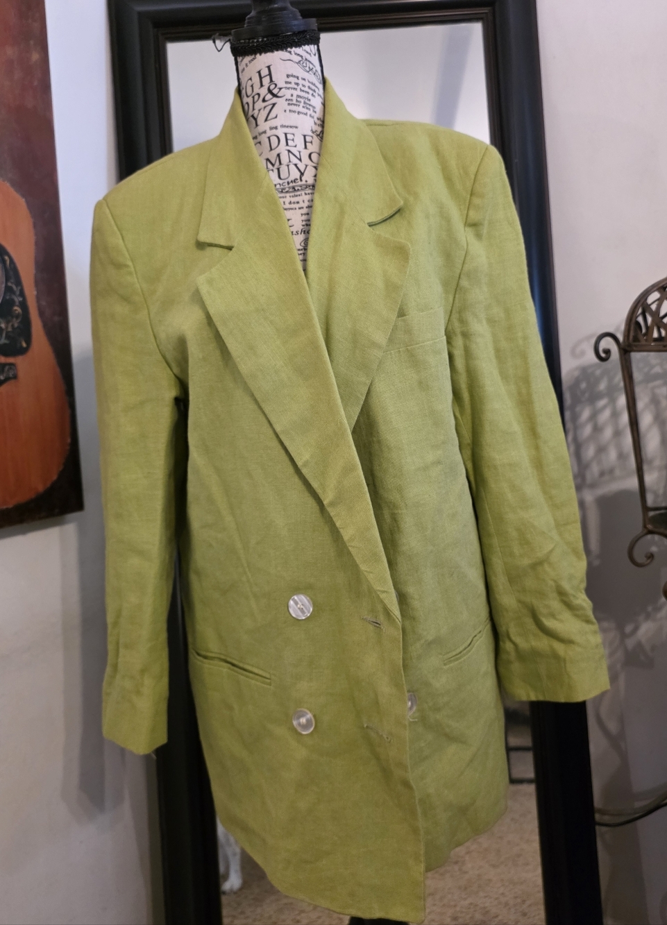 Women's Lime Green Double-Breasted Linen Blazer